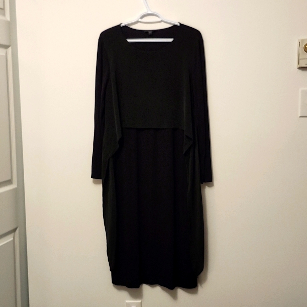 COS black long sleeve boxy style dress with silk overlay top tie back size M
